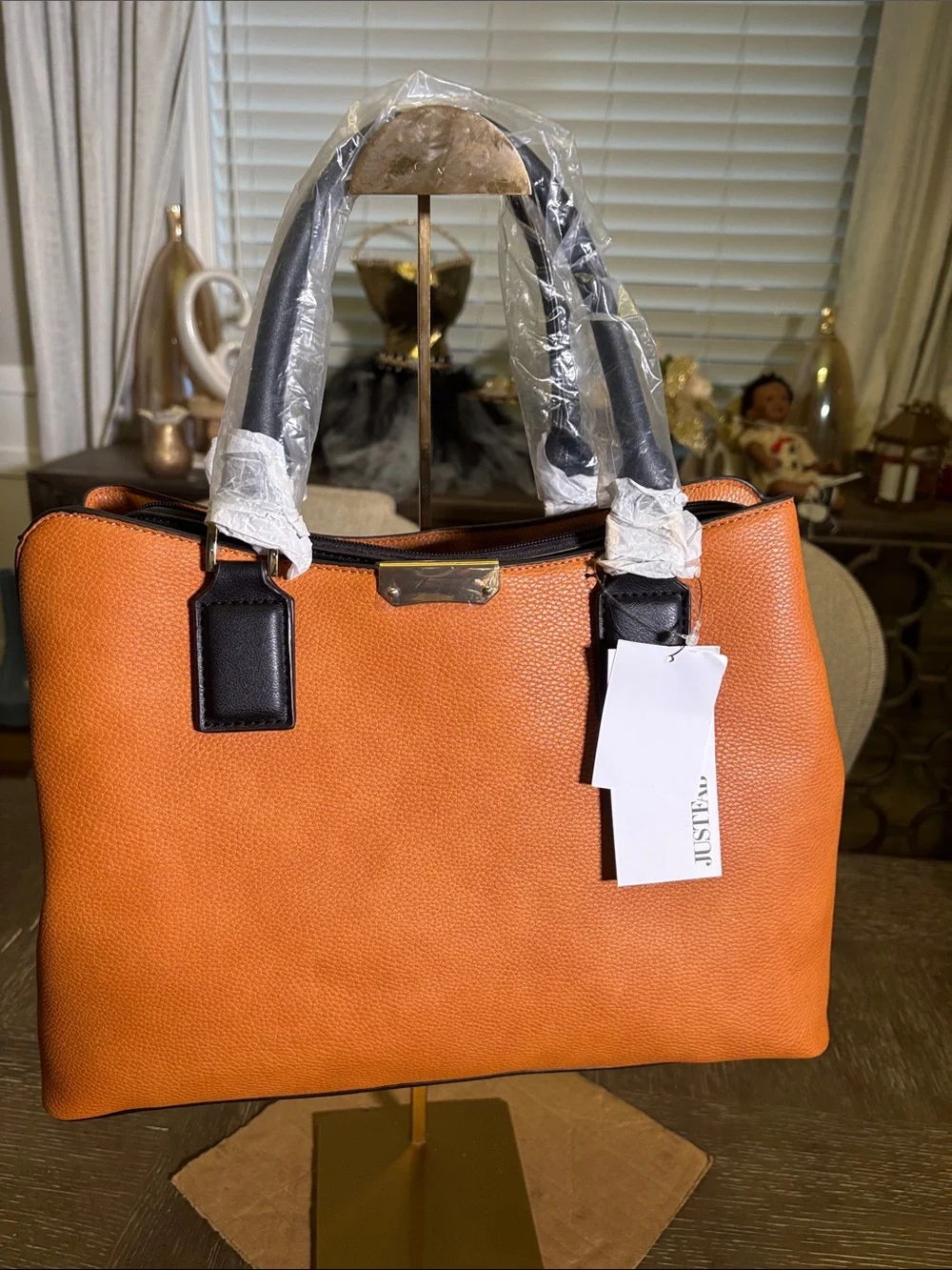 JustFab Caramel Tote with Black Trim and Dual Top Handles